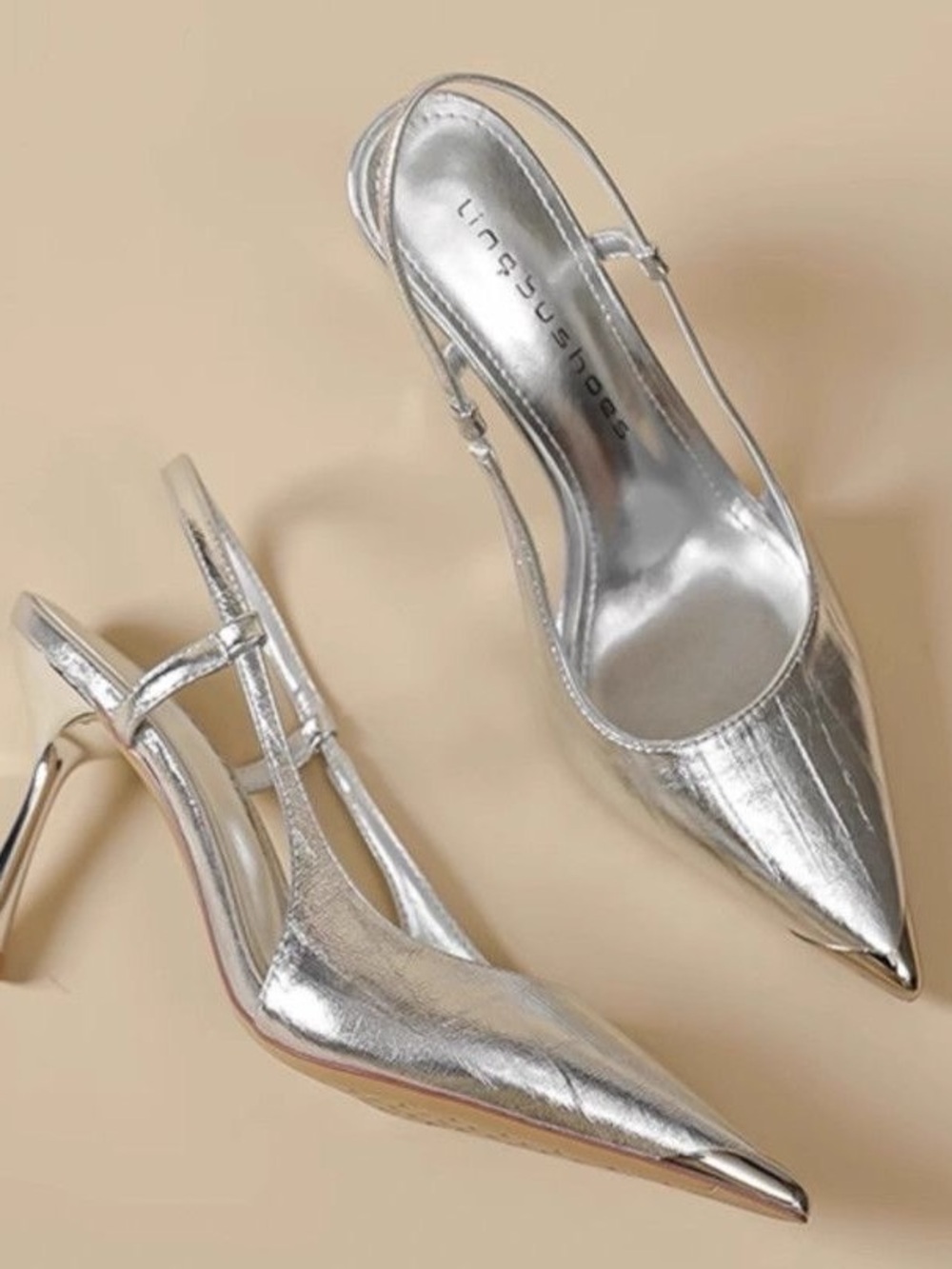 Metallic Silver Pointed Slingback Heels